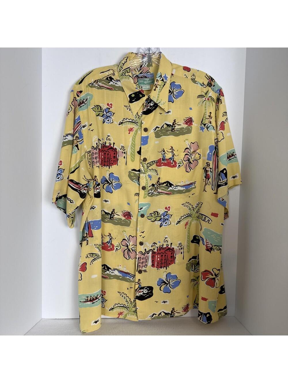 Reyn Spooner Hawaiian Shirt Mens Large Yellow Waikiki Surfing Royal Hawaiian HTL